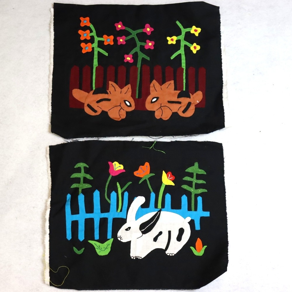 Vintage Kuna Mola Textile Panels Pair Folk Art Animals